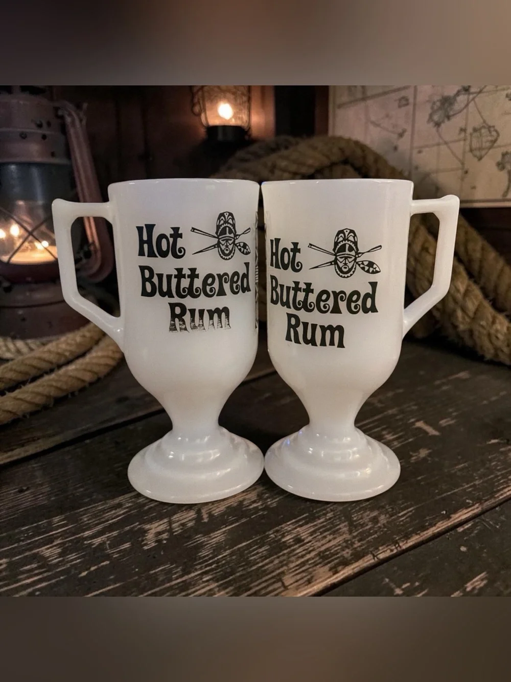 Set Of 2 Vintage 60s Trader Vics Hot Buttered Rum Milk Glass Footed Pedestal